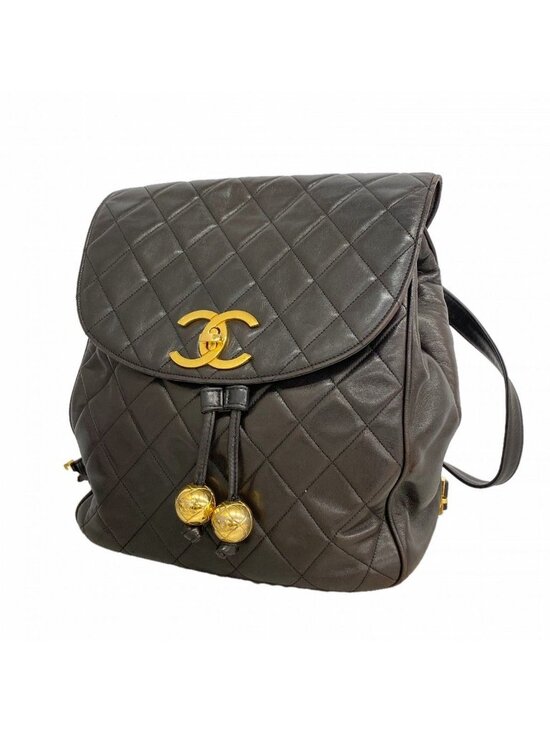Chanel Backpack Quilted Lambskin Black Gold
